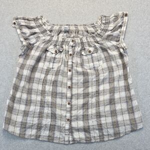 Caren Sport Gray Gingham Blouse with Flutter Sleeves